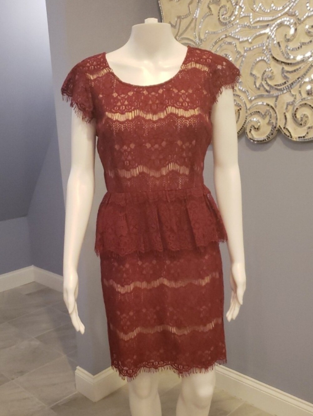 Anthropologie Maeve Lace Peplum Sheath Dress in Burgundy